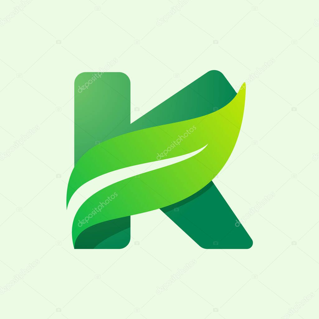 Ecology K letter logo with green leaf. Vector typeface for agriculture labels, vegan headlines, herbal posters, summer identity etc.