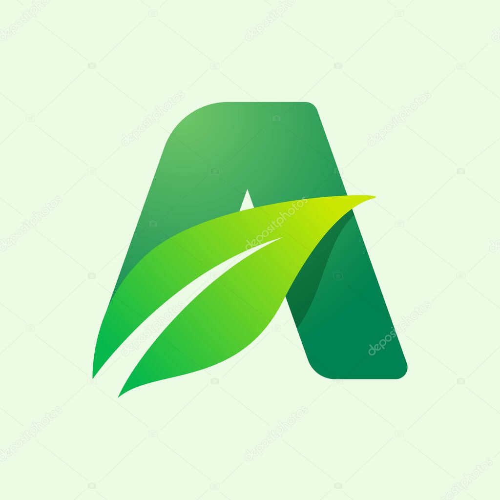 Ecology A letter logo with green leaf. Vector typeface for agriculture labels, vegan headlines, herbal posters, summer identity etc.