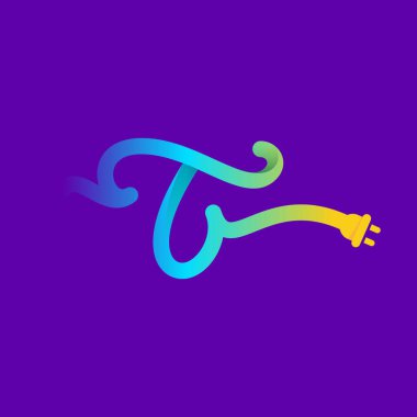 Kıvrık kablo ve fiş adaptörlü T harfi logosu. Enerji etiketleri, kablo başlıkları, elektrik afişleri, elektrik şirketi kimliği vs. için vektör tipi.