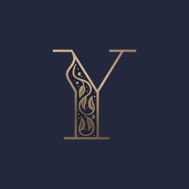 Premium dekorasyonlu klasik Y harfi logosu. Klasik serif yazı tipi. Alkol etiketlerinde, cazibe posterlerinde, lüks kimliklerde vs. kullanmak için mükemmel bir vektör simgesi.