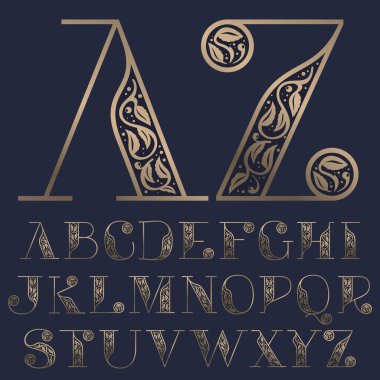 Premium dekorasyonlu klasik alfabe. Klasik serif yazı tipi. Alkol etiketlerinde, cazibe posterlerinde, lüks kimliklerde vs. kullanmak için mükemmel bir vektör simgesi.