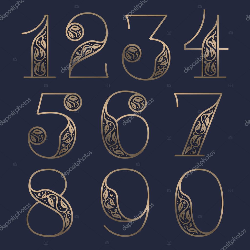 Vintage numbers set with premium decoration. Classic line serif font. Vector icon perfect to use in any alcohol labels, glamour posters, luxury identity, etc.
