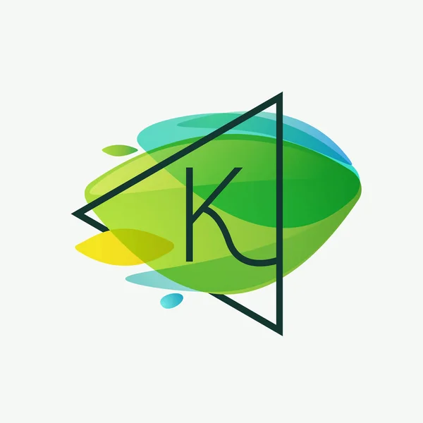 Lettre Logo Cadre Triangle Feuilles Vertes Fond Aquarelle Type Écologie — Image vectorielle