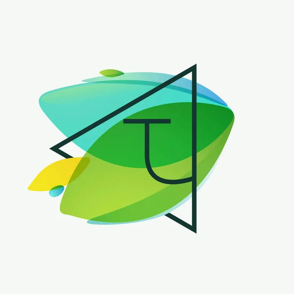 Písmeno Logo Trojúhelníkovém Rámečku Zelených Listech Akvarel Pozadí Vektorová Ekologie — Stockový vektor