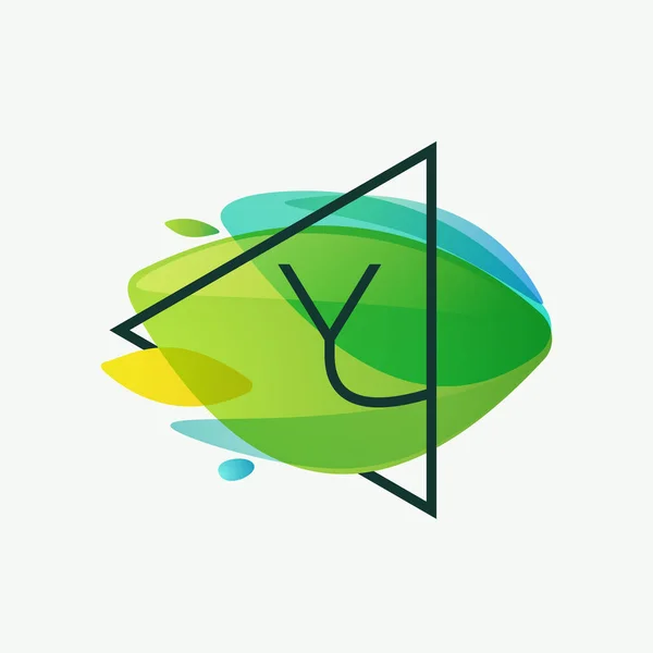 Logo Lettre Dans Cadre Triangle Feuilles Vertes Fond Aquarelle Type — Image vectorielle