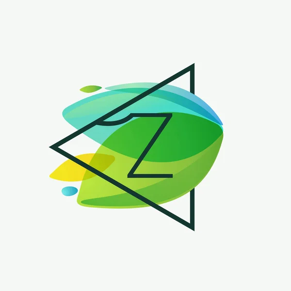 Letter Logo Driehoek Frame Groene Bladeren Aquarel Achtergrond Vectorecologisch Lettertype — Stockvector