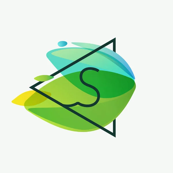 Literă Logo Cadru Triunghi Verde Frunze Fundal Acuarelă Tipar Ecologie — Vector de stoc