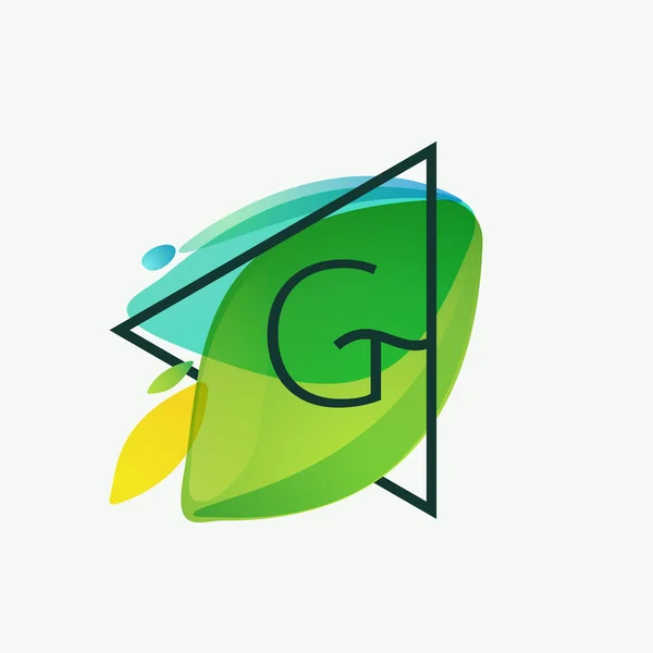 Letter Logo Driehoek Frame Groene Bladeren Aquarel Achtergrond Vectorecologisch Lettertype — Stockvector