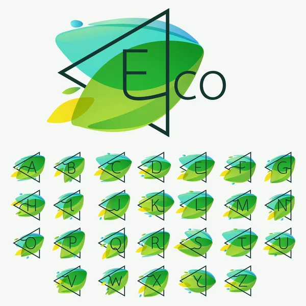 Αλφάβητο Τρίγωνο Πλαίσιο Πράσινο Αφήνει Ακουαρέλα Φόντο Οικολογική Γραμματοσειρά Διανυσμάτων — Διανυσματικό Αρχείο