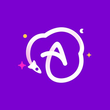 Logo şablonu A gezegenler, roket fırlatma ve yıldızlarla dolu. Bilim etiketleri, biyoloji başlıkları, fizik posterleri, kimya tasarımı için canlı çizgi simgesi.