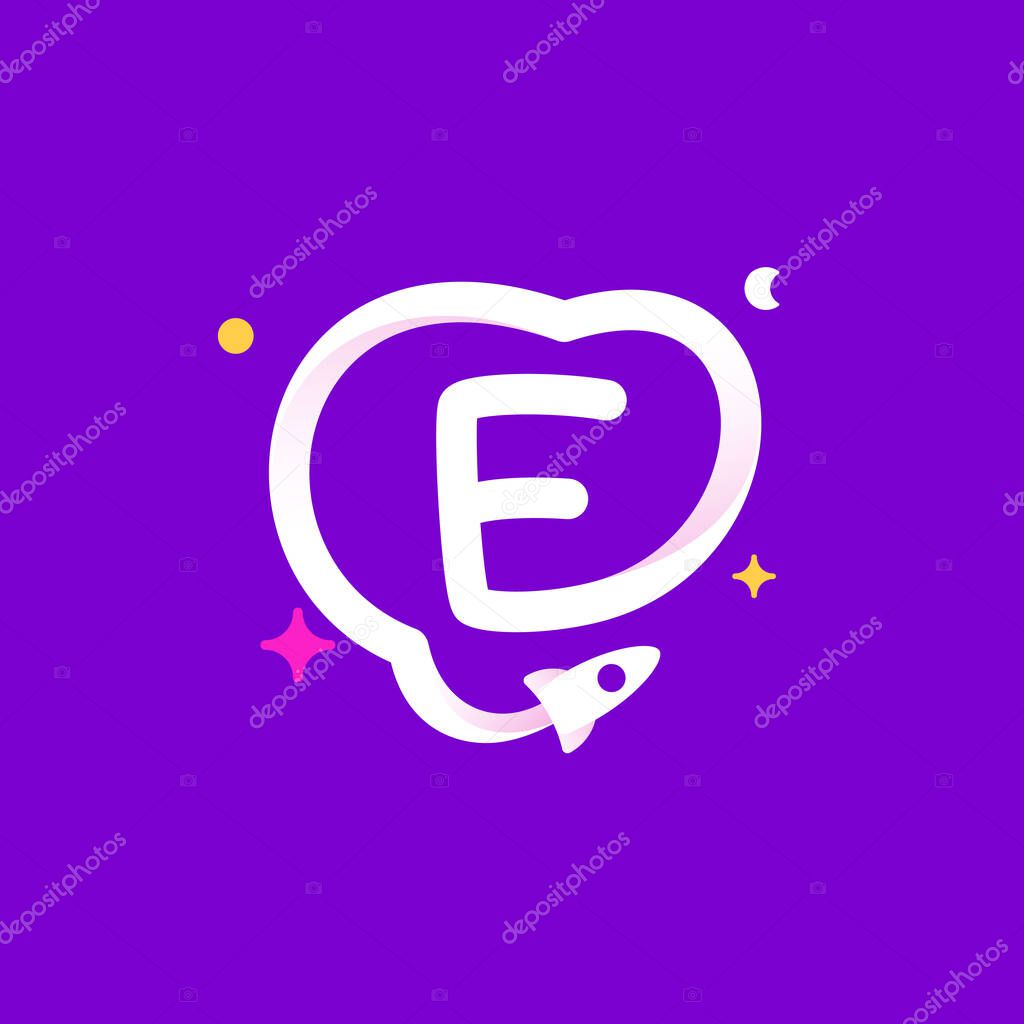 Logo template letter E with planets, rocket launch and stars. Vibrant line icon for science labels, biology headlines, physics posters, chemistry design.