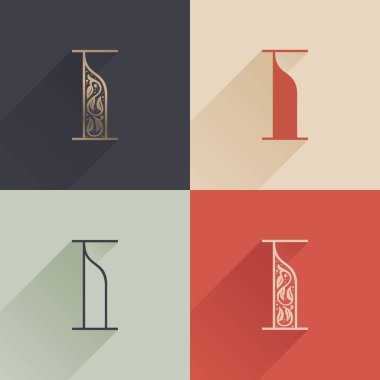 Birinci sınıf dekorasyonlu klasik I harfi logosu. Dört biçimli serif yazı tipi seti. Alkol etiketlerinde, cazibe posterlerinde, lüks kimliklerde vs. kullanmak için mükemmel bir vektör simgesi.