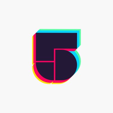 Stereo efektli beş numaralı logo. Herhangi bir disko etiketi, dj logosu, elektromüzik posterleri, parlak kimlik vb. için mükemmel renkli yazı tipi.