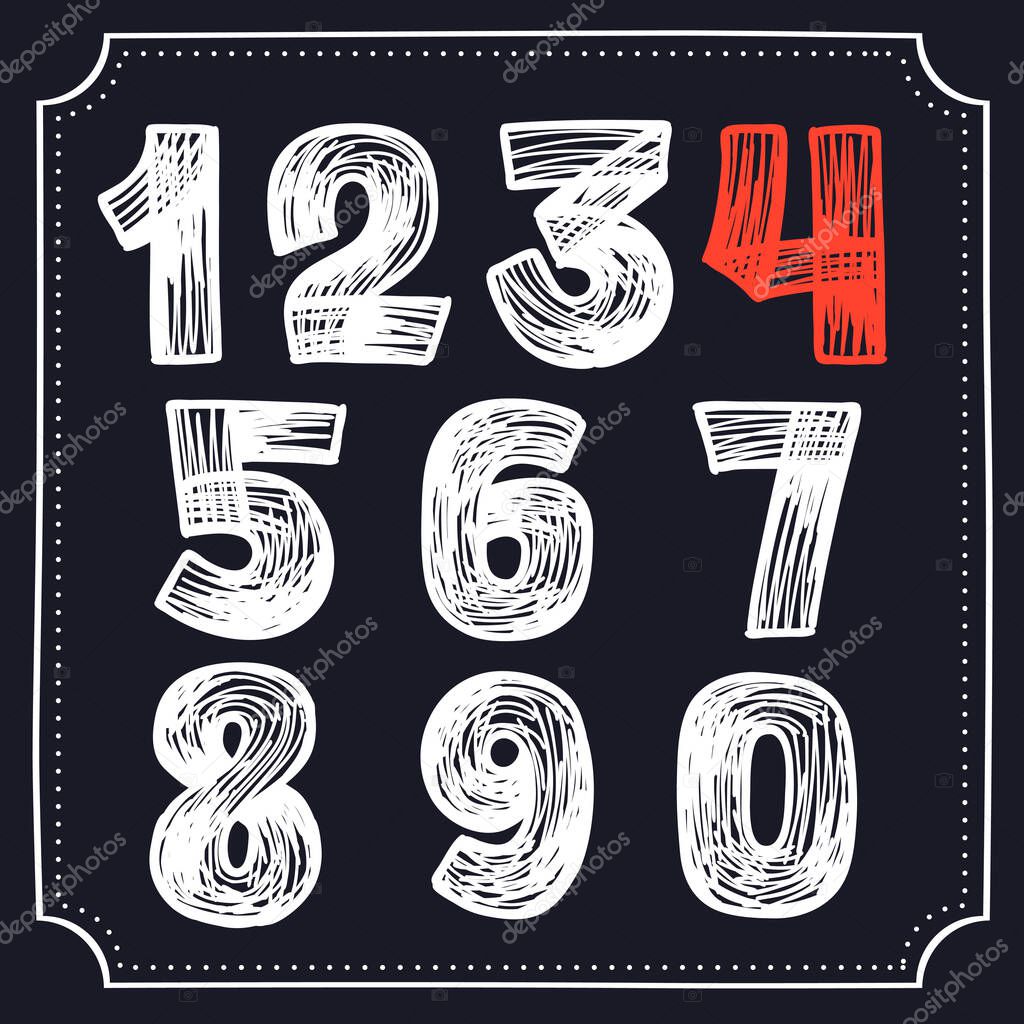 Numbers set hand-drawn by chalk on a blackboard. This font is perfect for a school signboard, advertising of a coffee shop, retro logos, handwritten posters, bar identity, etc.