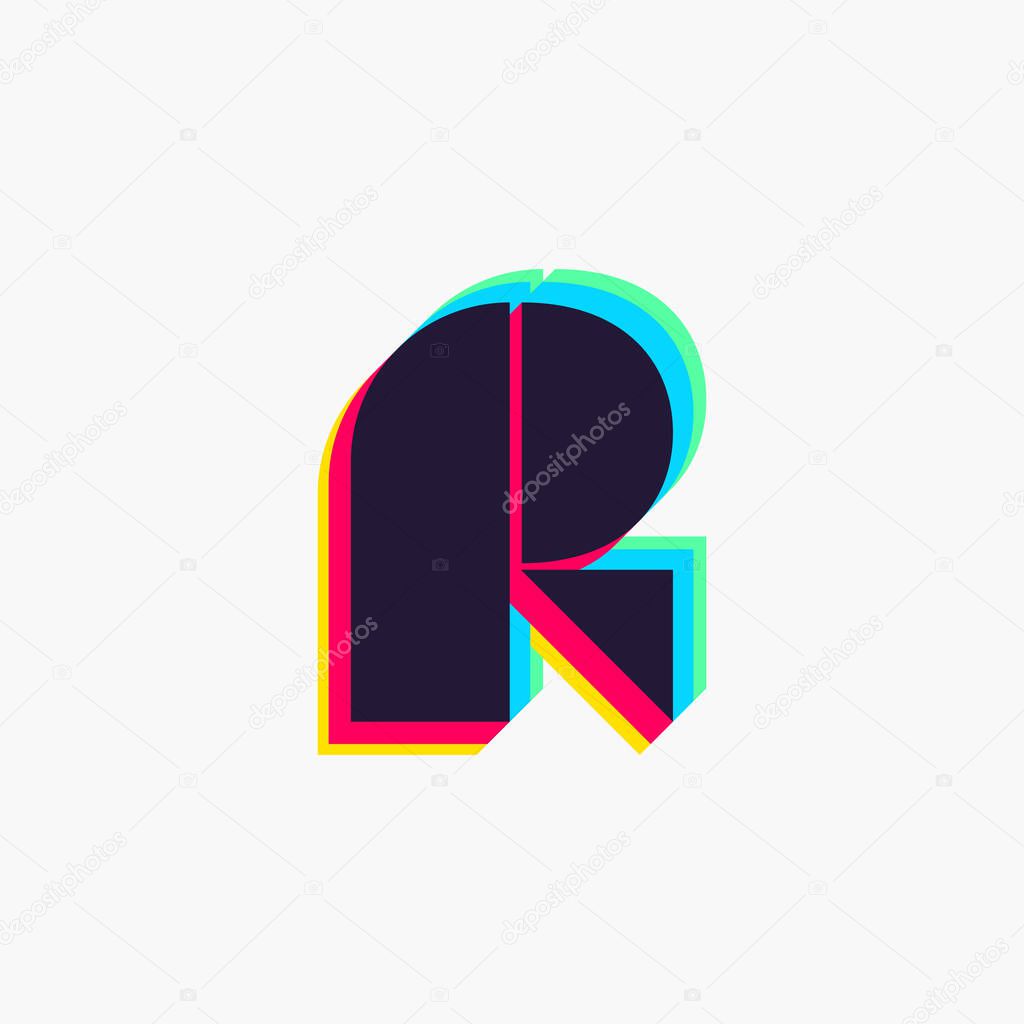 Letter R logo with stereo effect. Vibrant glossy colors font perfect to use in any disco labels, dj logos, electromusic posters, bright identity, etc.