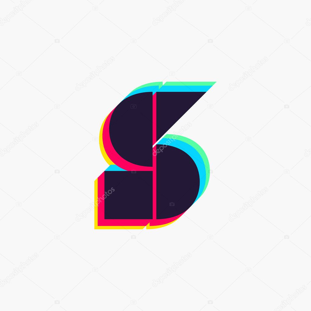 Letter S logo with stereo effect. Vibrant glossy colors font perfect to use in any disco labels, dj logos, electromusic posters, bright identity, etc.
