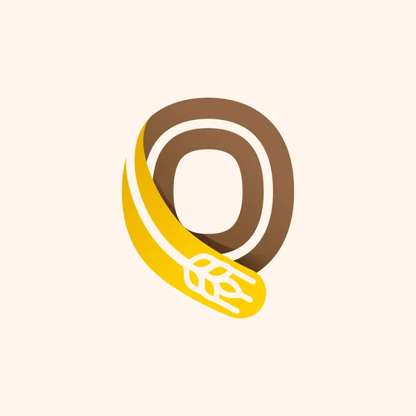 負のスペース小麦と文字Qロゴ ベーカリーアイデンティティのための完璧なベクトルフォント 自然新鮮な製品のためのバッジやエンブレム — ストックベクタ