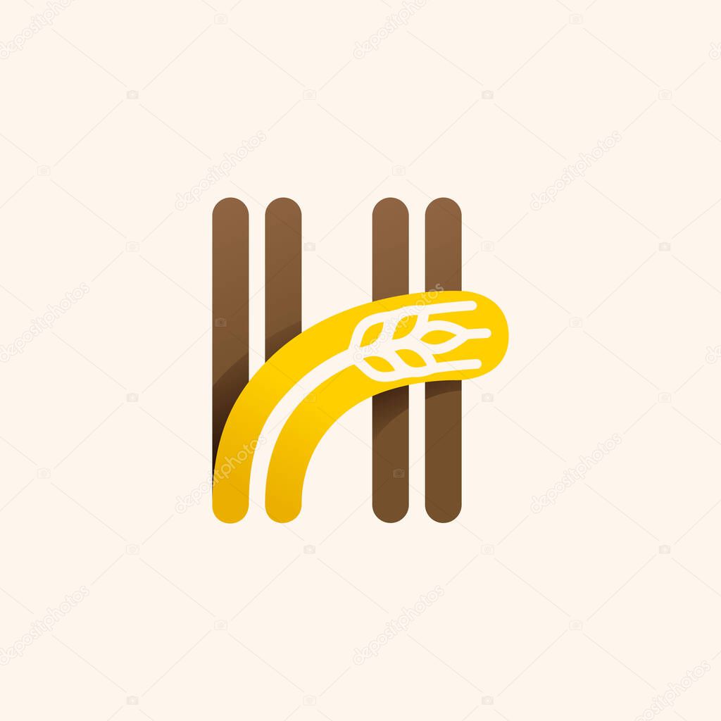 Letter H logo with negative space wheat. Perfect vector font for bakery identity, badges or emblems for natural fresh products, etc.