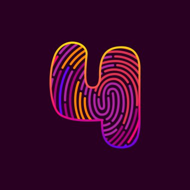 Dört numaralı parmak izi renkli logo. Kumarhane etiketleri, gece hayatı manşetleri, parlak posterler, dedektif kartları, biyometrik erişim vesaire için yazı tipi.