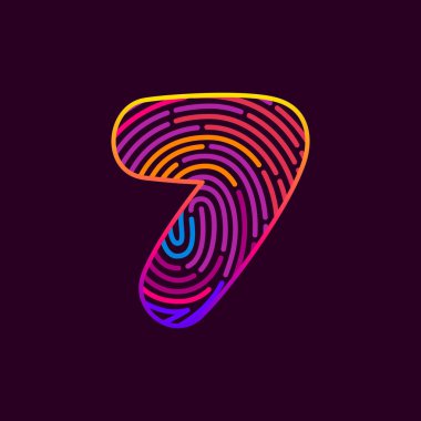 Yedi numaralı parmak izi renkli logo. Kumarhane etiketleri, gece hayatı manşetleri, parlak posterler, dedektif kartları, biyometrik erişim vesaire için yazı tipi.