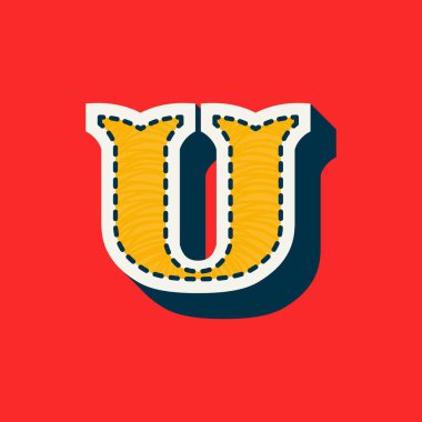 U harfi spor takımının logosu. Üniversite üniforması, beyzbol şampiyonu posterleri ve basketbol kimlikleri için işlemeli serif yazı tipi..