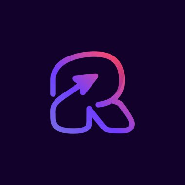 R harfi multimedya ve satır logotype oynat. Bu simge bir müzik şirketi reklamı, dijital sanat, teknoloji kimliği vs. için kullanılabilir..