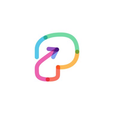 P harfi çizgi logosu gökkuşağı okundan yapılmış. Bu yazı tipi bir multimedya şirketi reklamcılığı, bilgi grafikleri sanatı, renkli kimlik vs. için mükemmeldir..