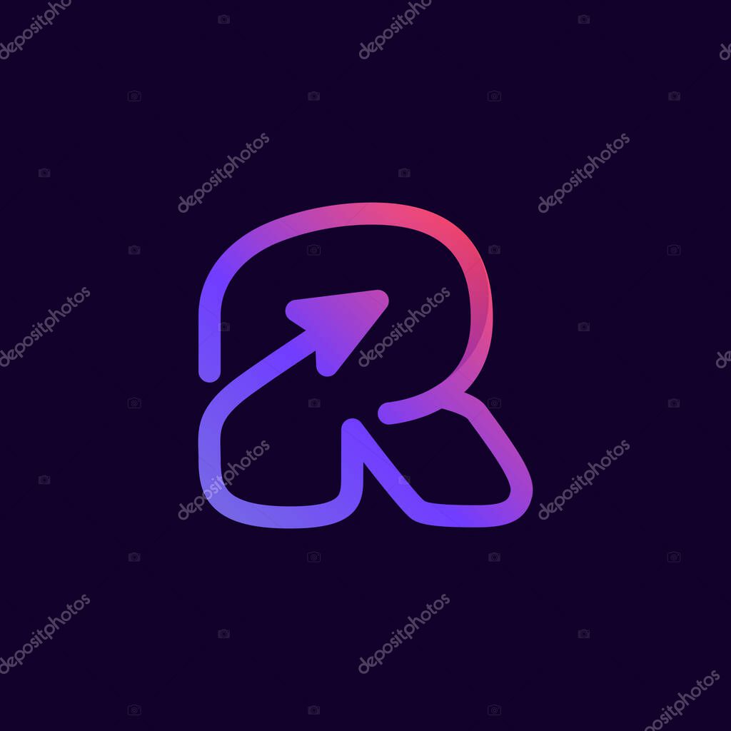 Arrow letter R multimedia and play line logotype. This icon can be used for a music company advertising, digital art, technology identity, etc.