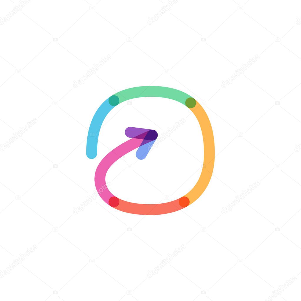 O letter line logo made of a rainbow arrow. This font is perfect for a multimedia company advertising, infographics art, colorful identity, etc.