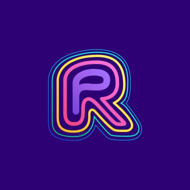 Renkli çizgi R harfi logosu. Bu felçten yapılmış simge gece hayatı reklamları, kartografi sanatı, modem kimliği vs. için kullanılabilir.