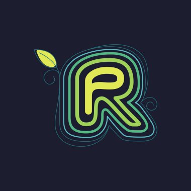 Yeşil çizgi R harfi logosu, kıvrımlı yapraklar ve yapraklar. Bu felçten yapılmış yazı tipi ekoloji reklamları, tarım sanatı, botanik kimlik vs. için kullanılabilir..