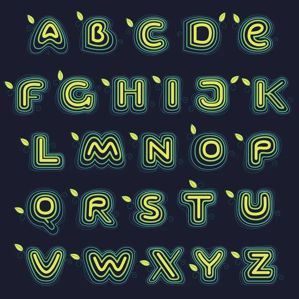 Grünes Linien Alphabet Mit Wirbelnden Blütenblättern Und Blättern Diese Schrift — Stockvektor