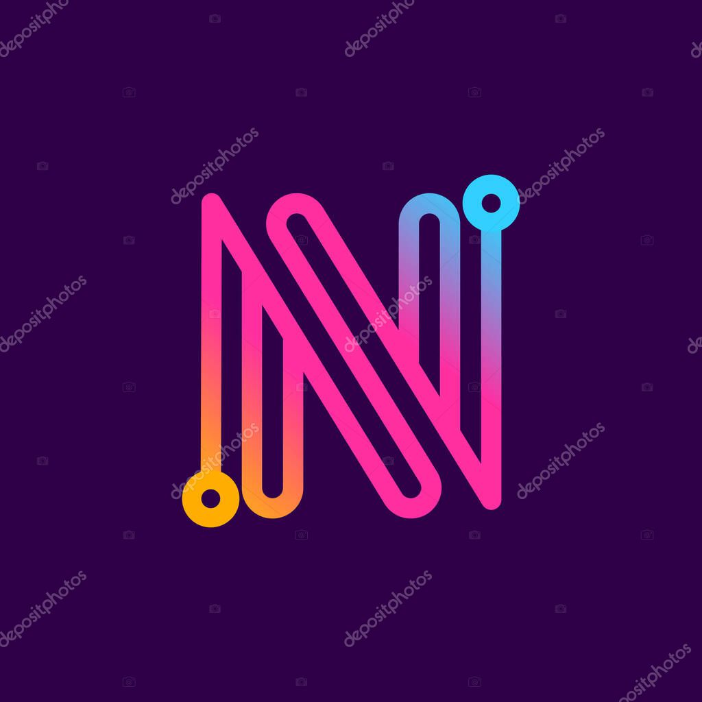 Multicolor N letter logo made of electric wire. This rounded striped icon can be used for tech ads, solder posters, energy company identity, etc.