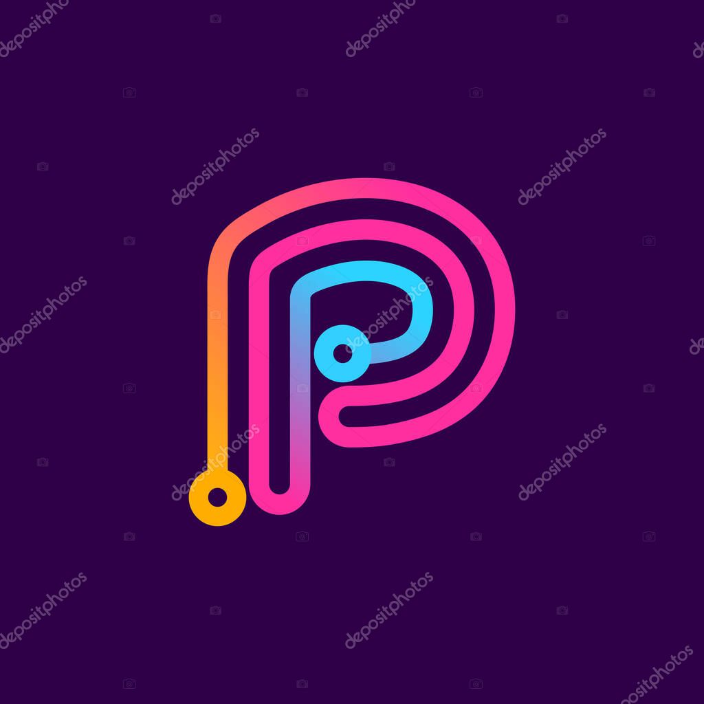 Multicolor P letter logo made of electric wire. This rounded striped icon can be used for tech ads, solder posters, energy company identity, etc.