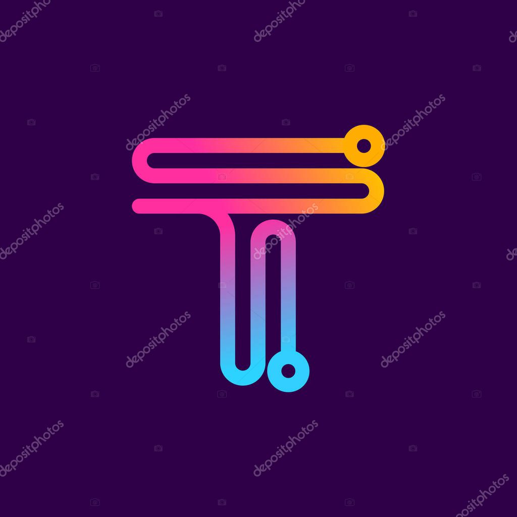 Multicolor T letter logo made of electric wire. This rounded striped icon can be used for tech ads, solder posters, energy company identity, etc.