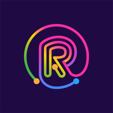 R harfi logosu daire şeklindeki devreden yapılmış. Çok renkli vektör tasarımı teknoloji reklamları, dijital poster, iletişim kimliği vs. için kullanılabilir.