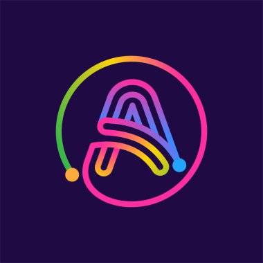 Daire şeklindeki devreden yapılmış A harfi. Çok renkli vektör tasarımı teknoloji reklamları, dijital poster, iletişim kimliği vs. için kullanılabilir.