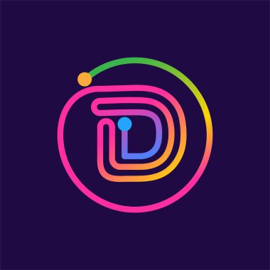 Daire şeklindeki devreden yapılmış D harfi logosu. Çok renkli vektör tasarımı teknoloji reklamları, dijital poster, iletişim kimliği vs. için kullanılabilir.