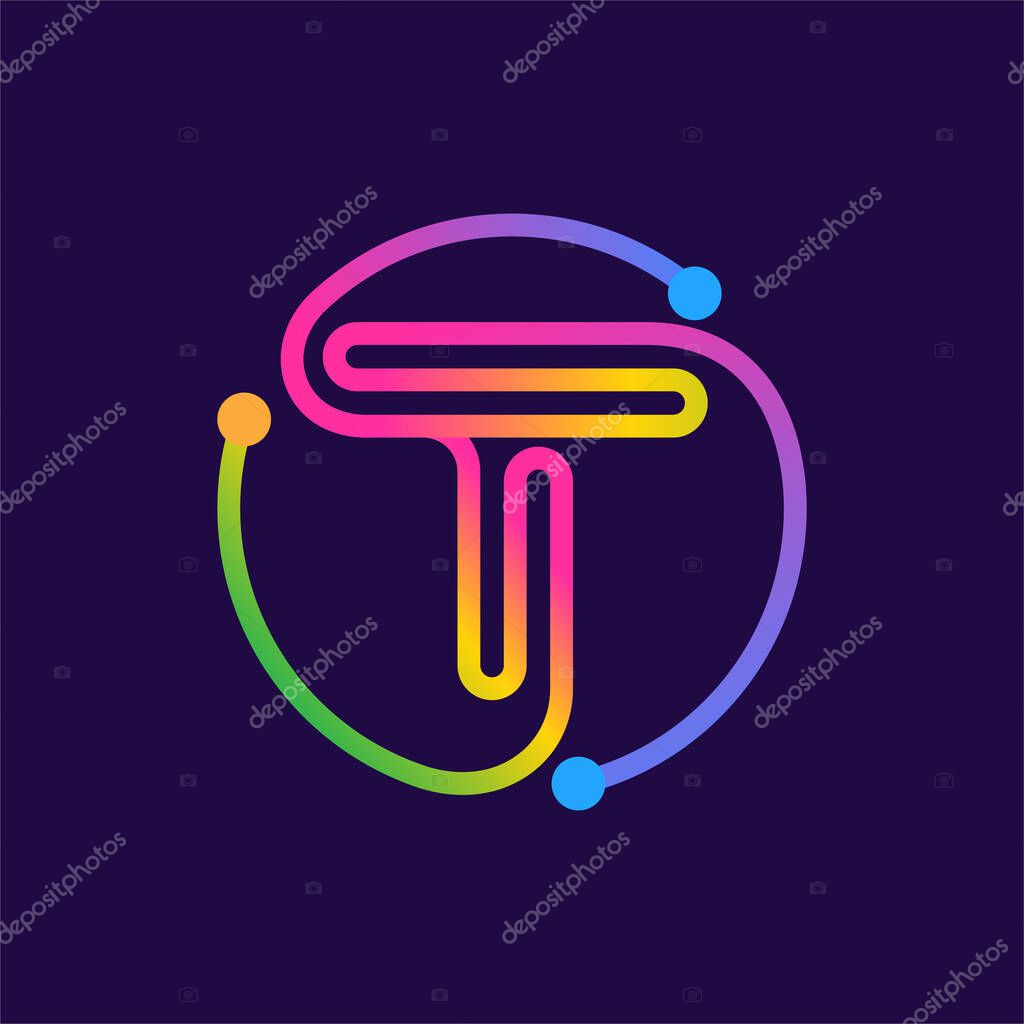 Letter T logo made of circle shape circuit. Multicolor gradient vector design can be used for technology ads, digital poster, communication identity, etc.