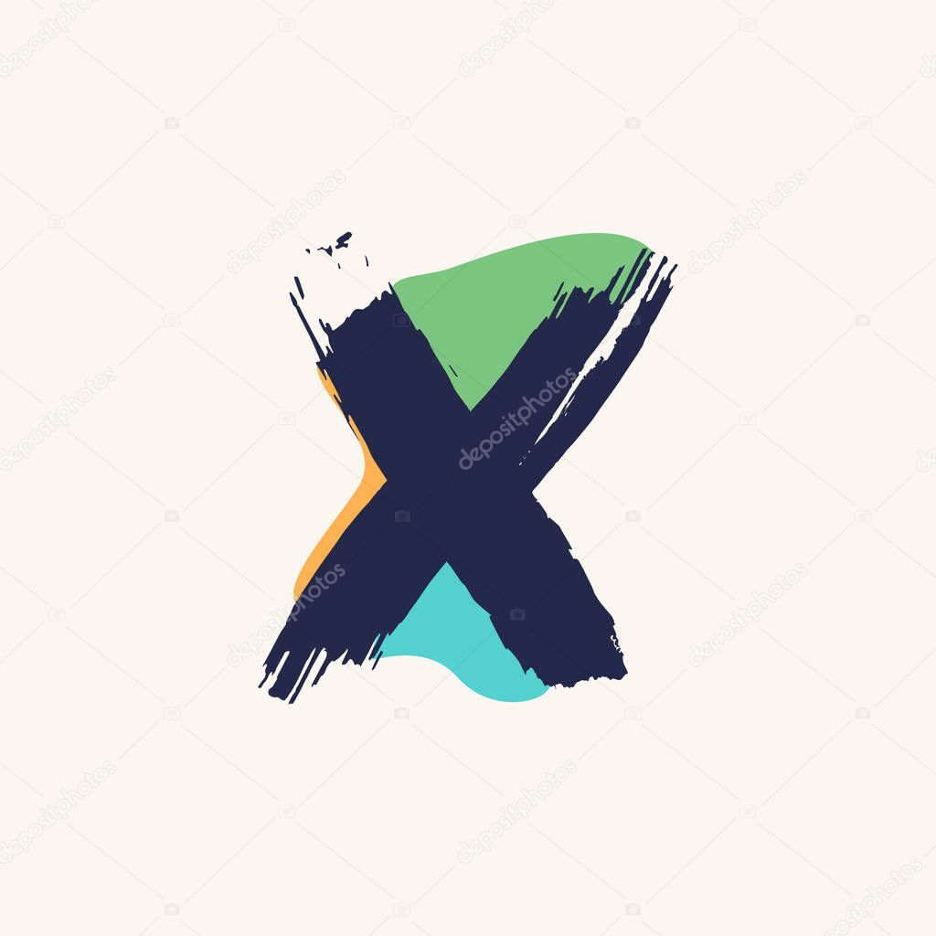 Kid style X letter logo handwritten with dry brush and watercolor spots. Perfect for cartoon ads, festal poster, cute identity, etc.