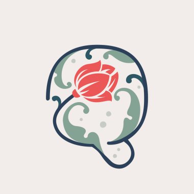 Çiçeksel botanik harfi Q logosu çizgi, yapraklar ve çiçekten yapılmıştır. Eski tebrik kartları, düğün tabelası, kraliyet kimliği vesaire için tasarlandı..