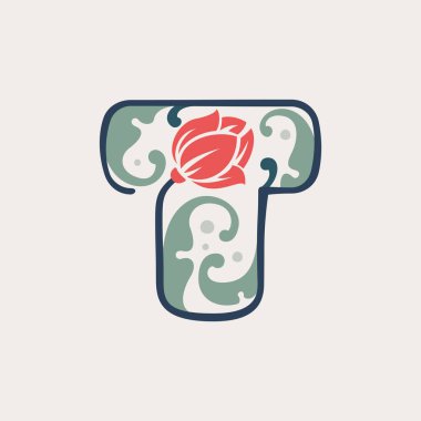 Çizgi, yaprak ve çiçekten yapılmış çiçek desenli T logosu. Eski tebrik kartları, düğün tabelası, kraliyet kimliği vesaire için tasarlandı..