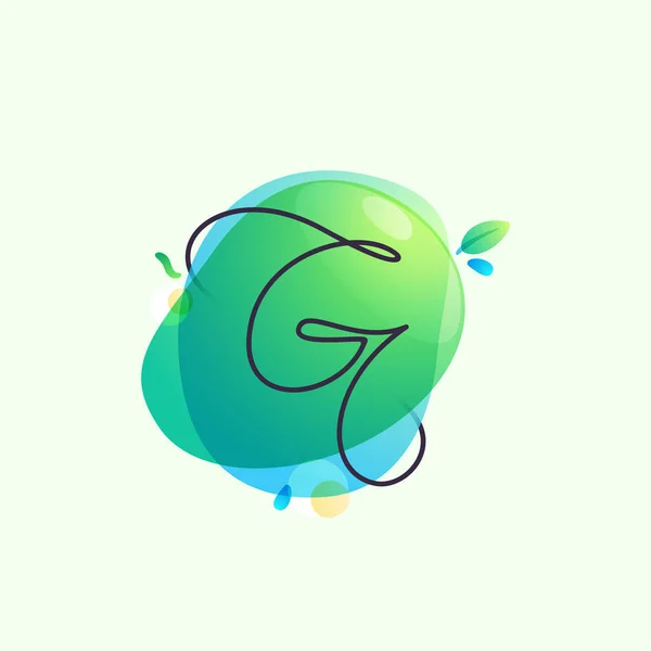 緑の水彩ブロックに置かれたG文字のロゴ 重複するスプラッシュ書体は 生態系のバナー 自然ライフスタイルのポスター ビーガンアイデンティティなどに使用できます — ストックベクタ