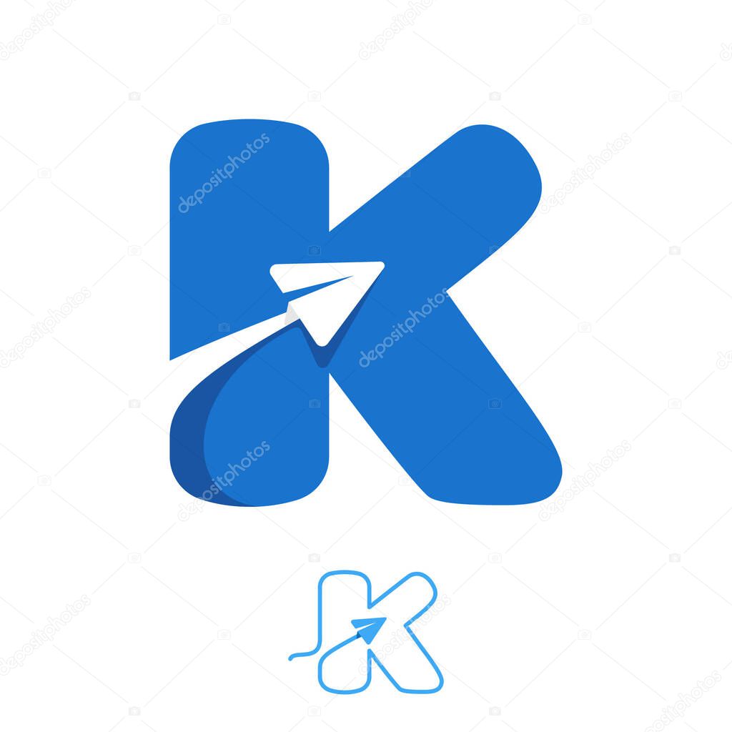 K letter logo set consisting of line and negative space paper plane icons. Designed for flight company advertising, travel sign, airways identity, etc.