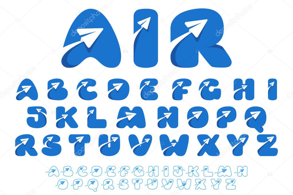 Alphabet consisting of line and negative space paper plane icons. Designed for flight company advertising, travel sign, airways identity, etc.