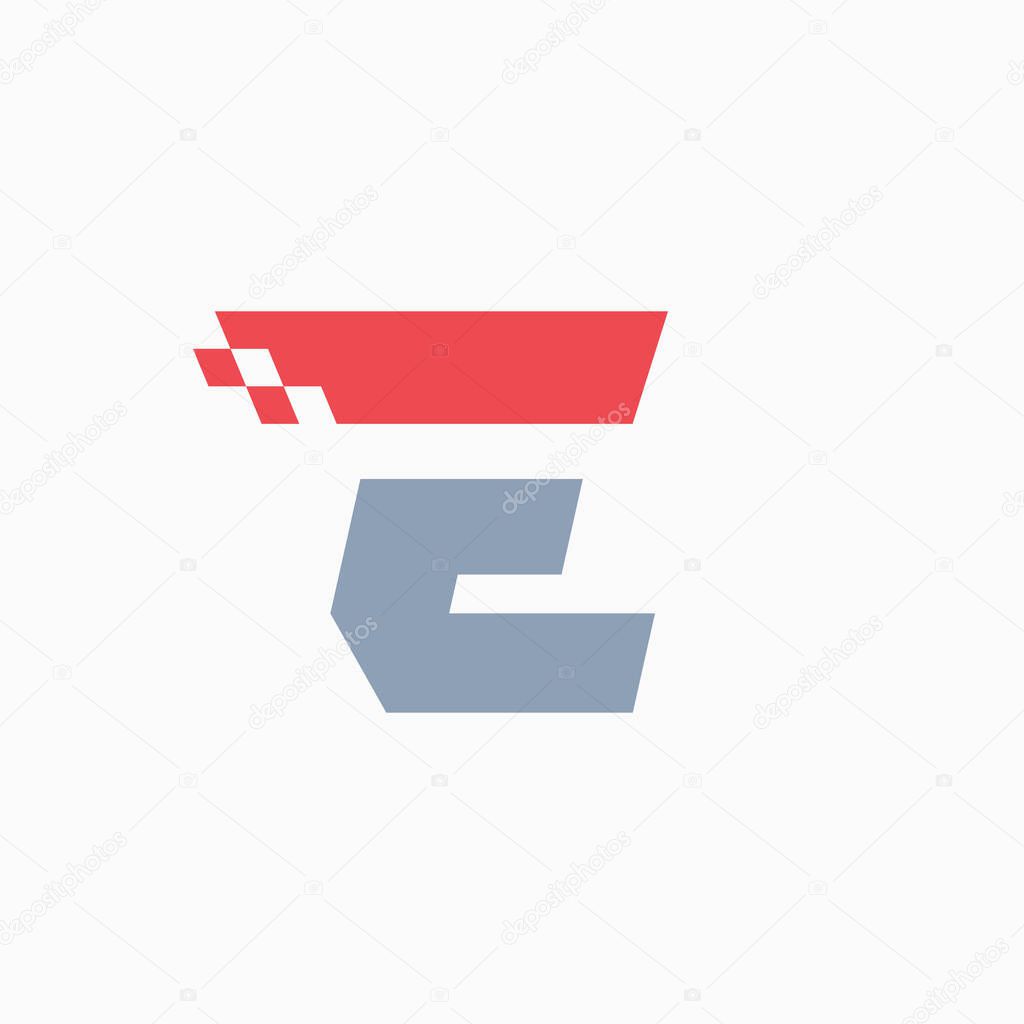 E letter logo with taxi checkered pattern line. Perfect for transport company advertising, sportswear sign, furious identity, etc.