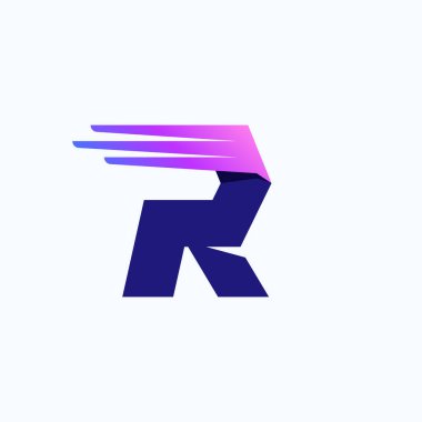 Hızlı hız çizgileri ya da kanatları olan R harfi logosu. Şirket marka tasarım şablonu canlı bir gradyan ile. Teslimat reklamları, teknoloji posteri, spor kimliği vs. için kullanılabilir.