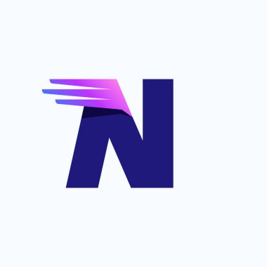 Hızlı hız çizgileri ya da kanatları olan N harfi logosu. Şirket marka tasarım şablonu canlı bir gradyan ile. Teslimat reklamları, teknoloji posteri, spor kimliği vs. için kullanılabilir.