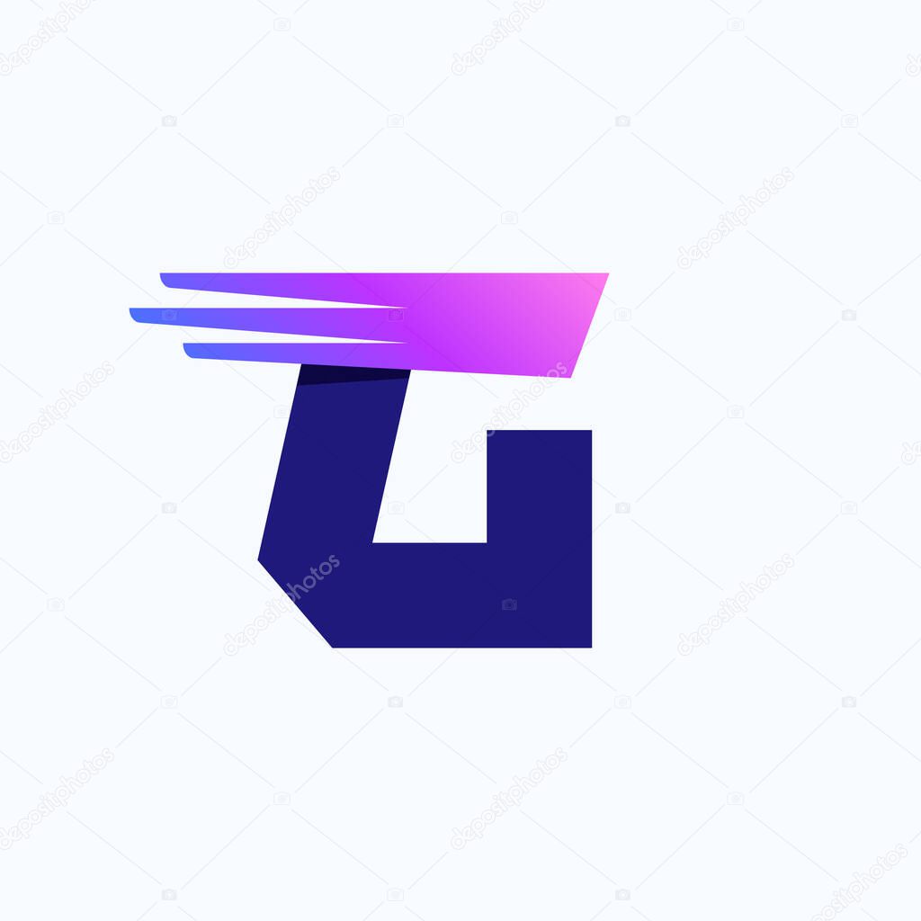 G letter logo with fast speed lines or wings. Corporate branding identity design template with vivid gradient. Can be used for delivery ads, technology poster, sport identity, etc.