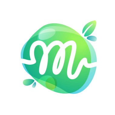 Vektör yeşil eko harfli M logosu. Vegan, çiğ, sağlıklı gıda tabelaları kafe etiketleri, restoran posterleri, organik ambalajlar vs..